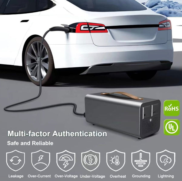 10 Amp Power for Tesla Vehicle 2 Load power station, featuring certification logos.