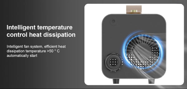 10 Amp Power for Tesla Vehicle 2 Load Heat dissipation system with fan and temperature control text on a dark background