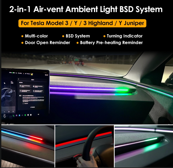Car interior with 2-in-1 Air-vent Ambient Light Blind Spot Detection LED System displaying features and color options. #myteslaaccessories