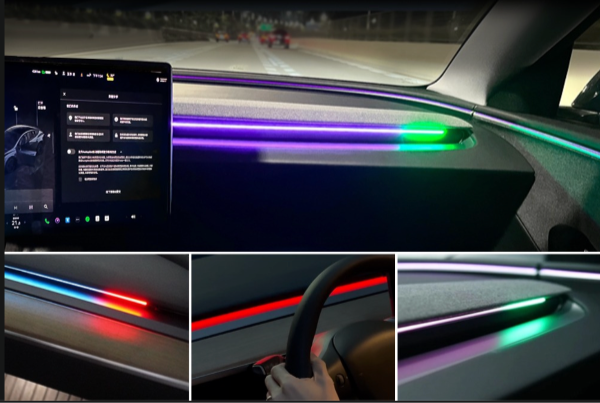 Car interior with Air-vent Ambient Light Blind Spot Detection LED System displaying features and color options. #myteslaaccessories