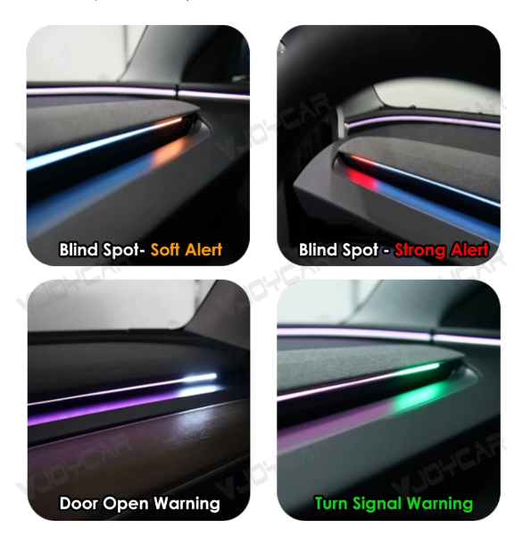 Car blind spot warning system with different alert colorsfor doors aja, Turn signal, and blind spot