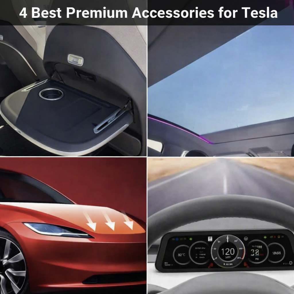 4 best premium Tesla accessories in Australia — electric folding table, voice-activated LED sunshade, 9.6" dashboard display, and soft close frunk kit