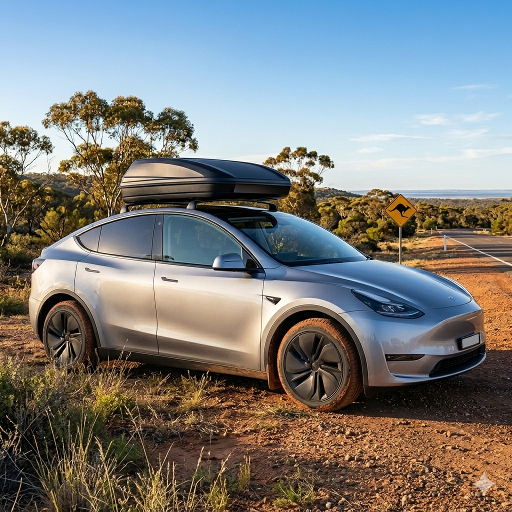 Tesla Model Y with roof rack and cargo box on an Australian outback road with kangaroo warning sign
