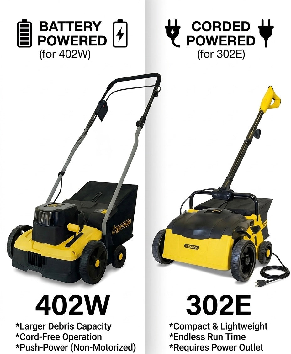 Garland 302-E corded vs 402W battery artificial lawn sweeper — which is best for Australian home use?