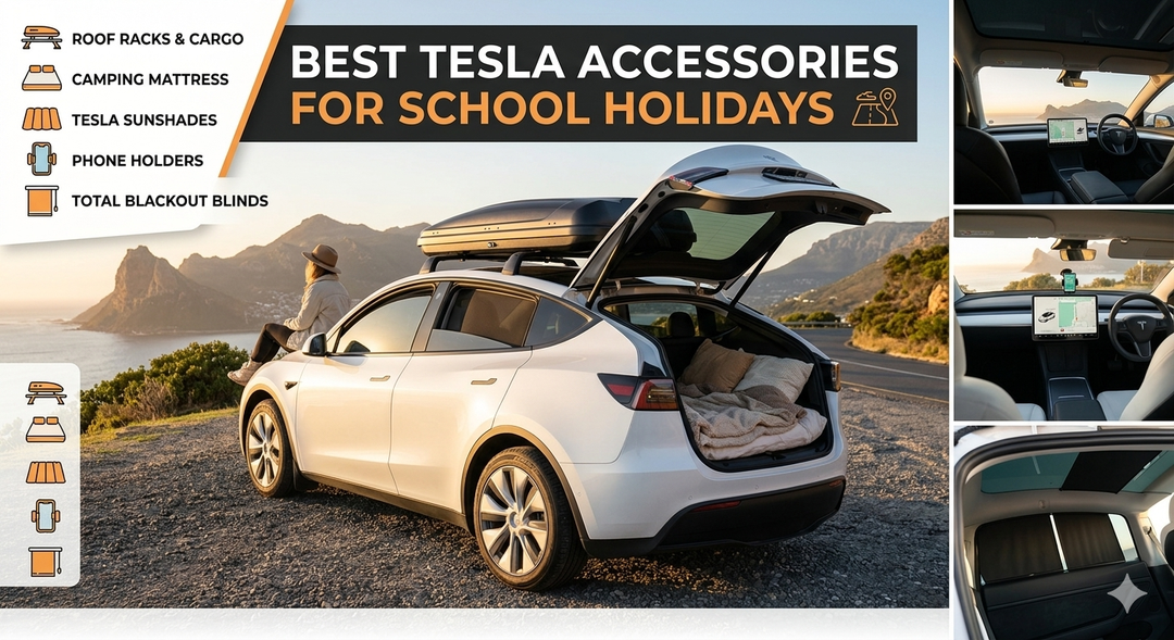 Tesla Model Y packed for school holidays with roof racks, camping gear and accessories ready for an Australian family road trip