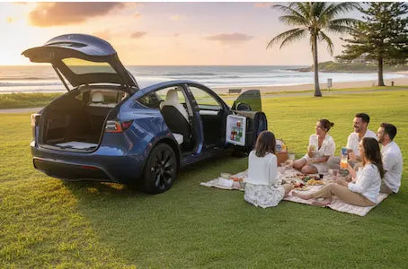 Tesla Model Y boot open at an Australian family picnic with 16L side fridge loaded with cold drinks and snacks — My Tesla Accessories