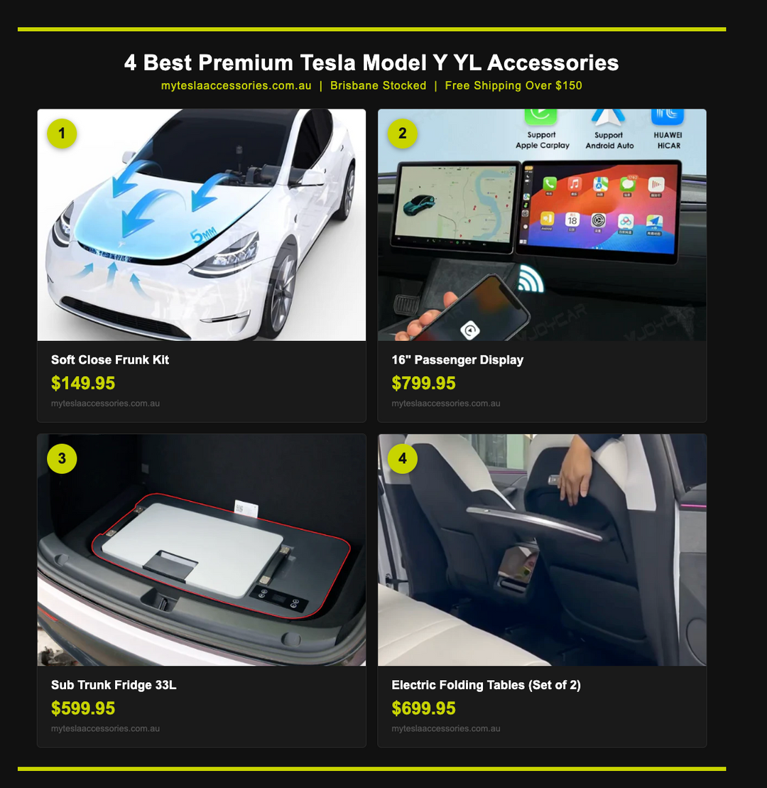 Premium Telsa YL Accessories including a Soft CLose frnk, Sub Trunk Fridge, Electric Fold Down Tables and a Passenger 16" Screen 