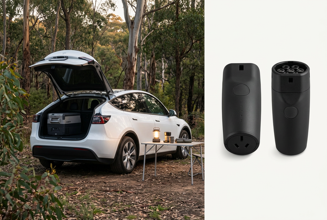 White Tesla at an Australian bush campsite, beside two views of the V2L Outlet Adapter showing its socket and vehicle connector.