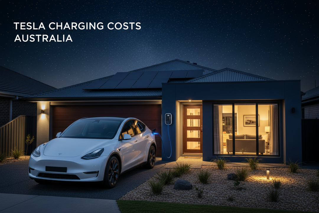 Tesla Model Y plugged into a home wall charger at night with solar panels on the roof — Tesla charging cost guide for Australian owners
