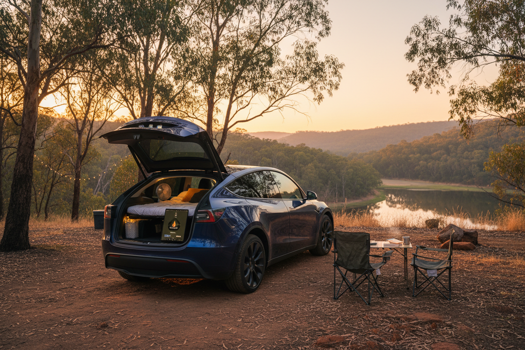 Tesla Model Y camping setup with open hatch showing mattress and accessories in Australia