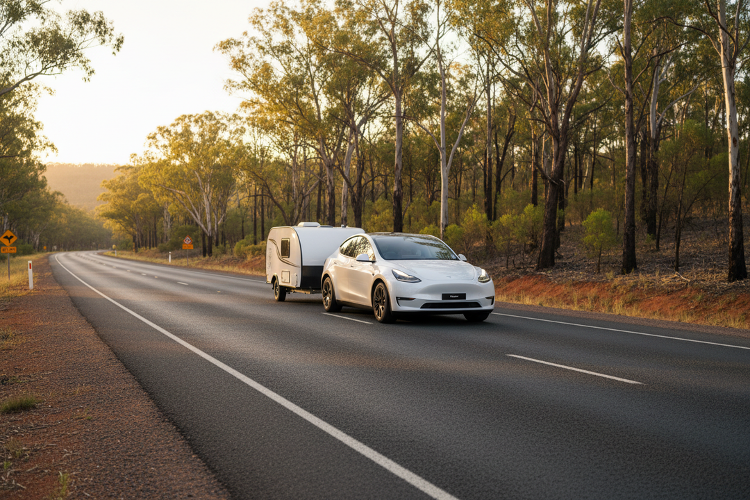 `Tesla Model Y Juniper towing a Little Guy teardrop camper on an Australian highway — My Tesla Accessories`