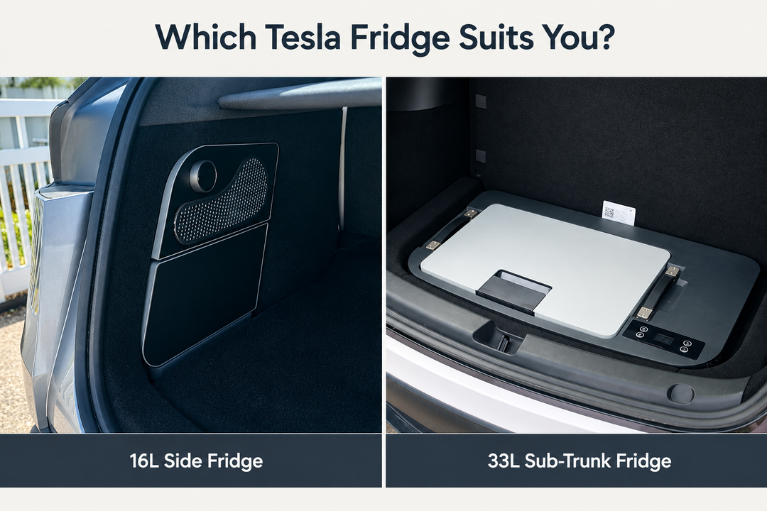 Tesla Model Y 16L side fridge and 33L sub-trunk fridge shown side by side in their installed boot positions.