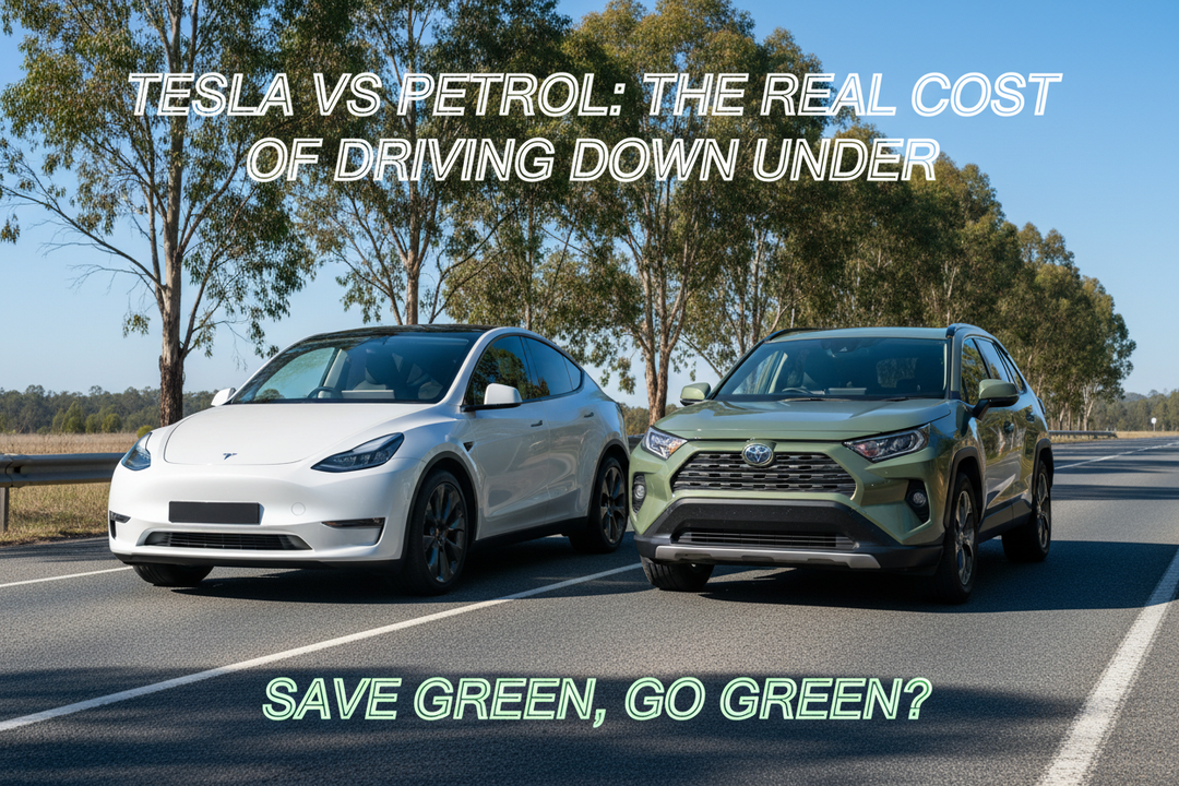 Tesla Model Y and petrol SUV side by side on an Australian road — Tesla vs petrol running cost comparison for Australian drivers