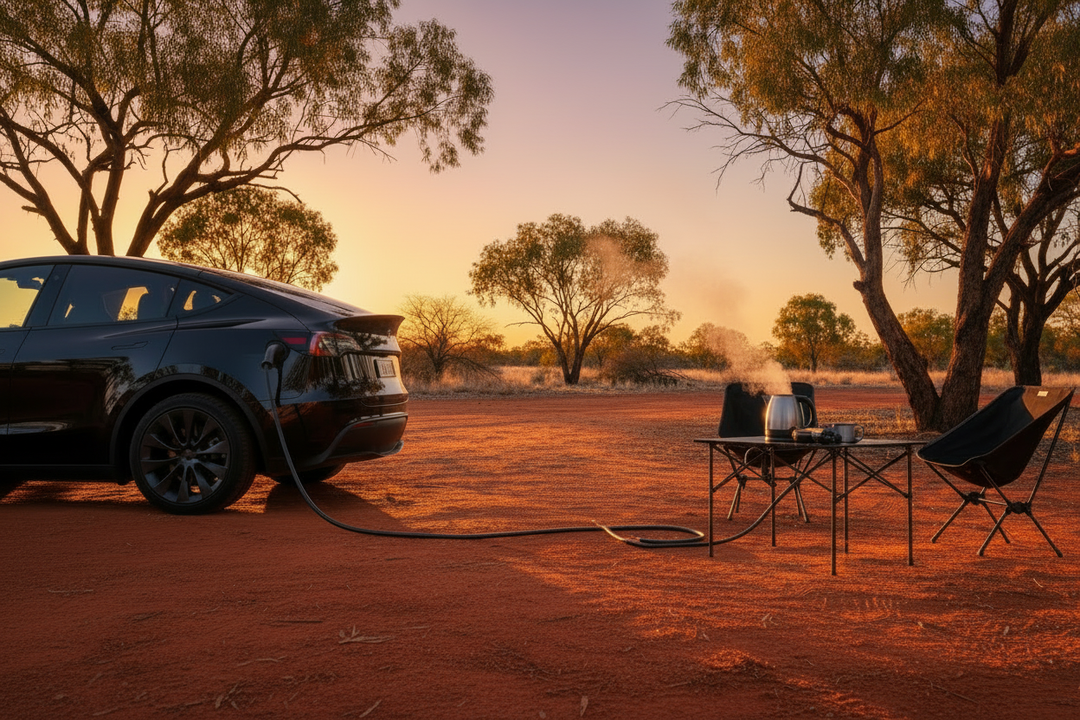 Tesla Model Y YL at Australian campsite using built-in V2L to power electric kettle and camping setup
