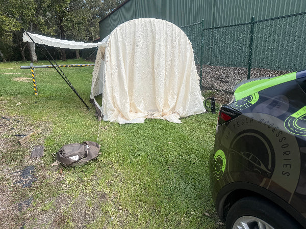 Tesla Model Y camping setup with portable fridge, mattress and shade set — My Tesla Accessories Australia