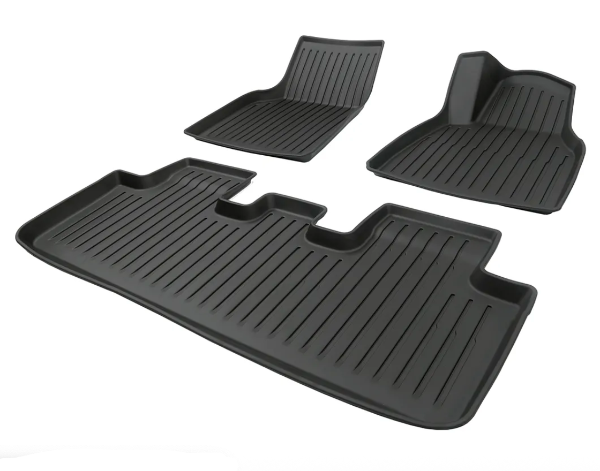 3 Piece Set of black Tesla XPE car floor mats on a white background for Model Y, and Juniper