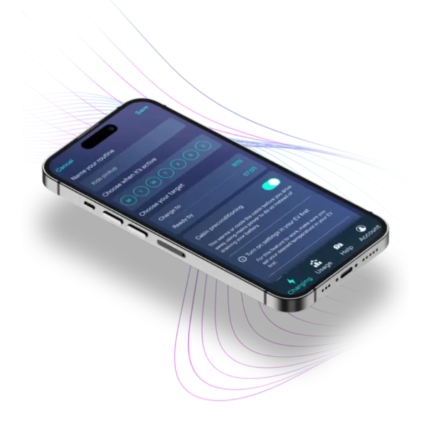 Control Charging sessions with Ohme Smartphone app with a blue screen on a white background