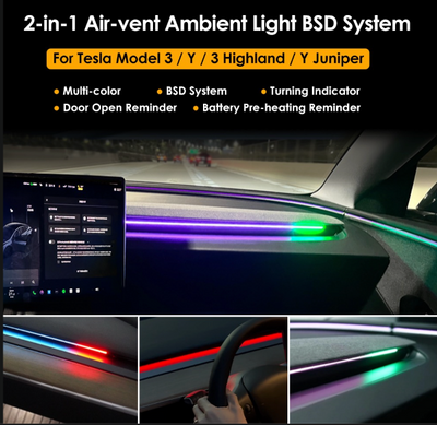 Car interior with 2-in-1 Air-vent Ambient Light Blind Spot Detection LED System displaying features and color options. #myteslaaccessories