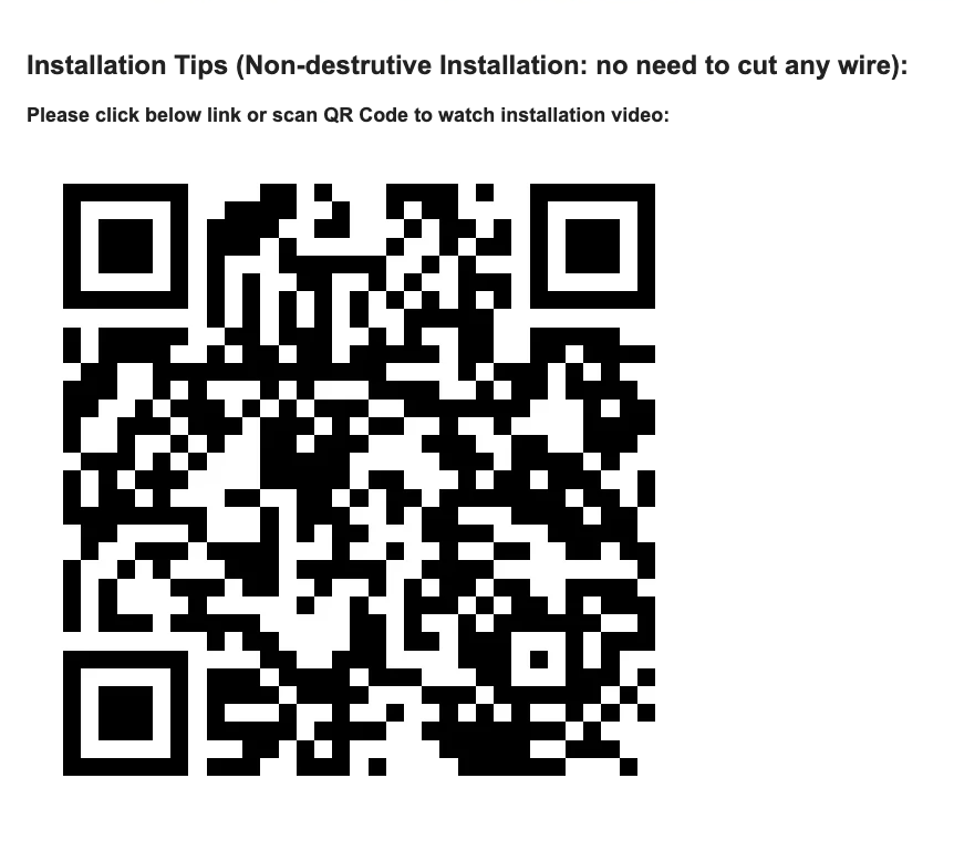 QR code on a white background with text about installation tips and a link to an installation video for Blind Spot Detection LED #myteslaaccessories