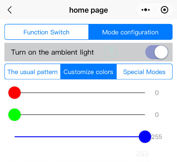 Color configuration interface with sliders and mode options on a white background for BSD Tesla 