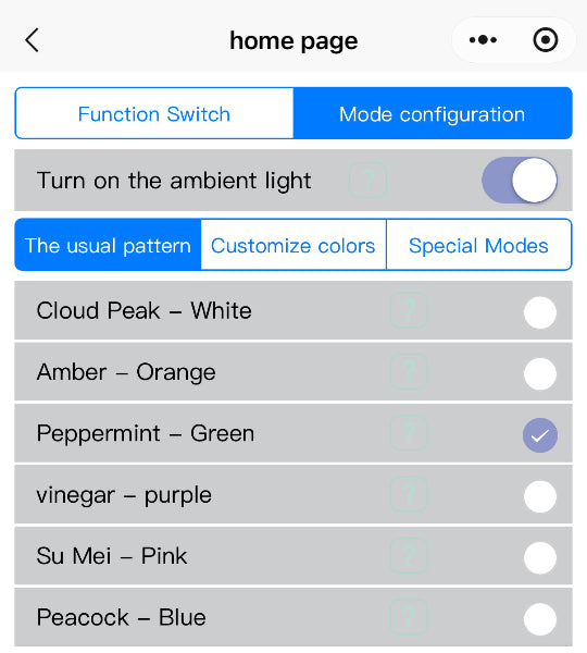 Tesla BSD color mode selection on a device interface with 'Peppermint - Green' selected.