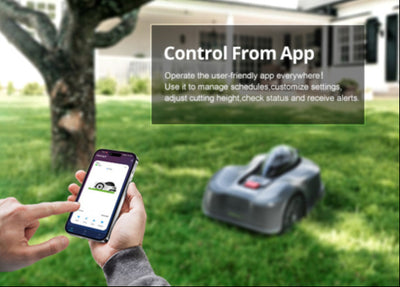Person using a smartphone app to control  Novabot robot lawn mower on grass with a house in the background.