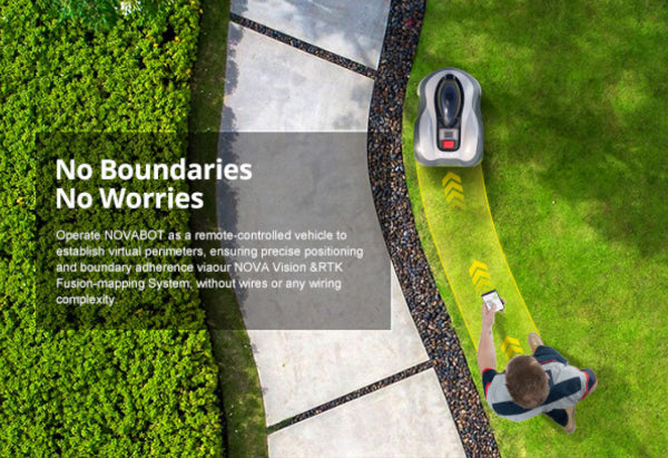 Novabot 2000 Robotic lawn mower on a grassy area with text about remote control and boundary adherence. #myteslaaccessoriesau