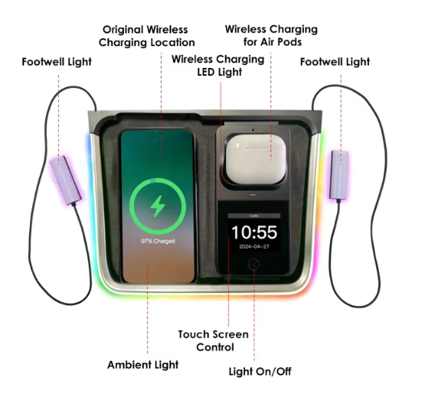 Diagram of Wireless Charger with Ambient Light for Footwell and Charge Pad, Interior Accessories #mytelsaccessories, interior, Model Y, Air Pod Charger