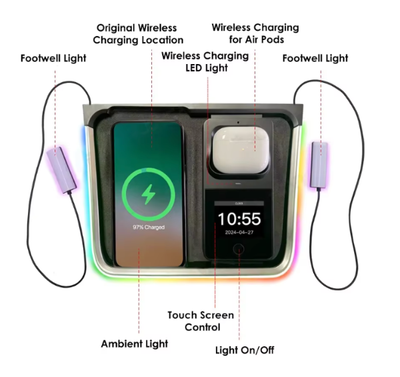 Diagram of Wireless Charger with Ambient Light for Footwell and Charge Pad, Interior Accessories #mytelsaccessories, interior, Model Y, Air Pod Charger