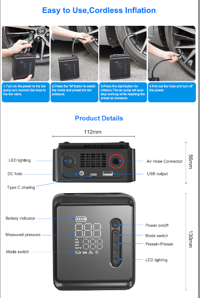 Dimensions of Battery Powered Portable Tyre Inflator, Model Y, Exterior Accessories  