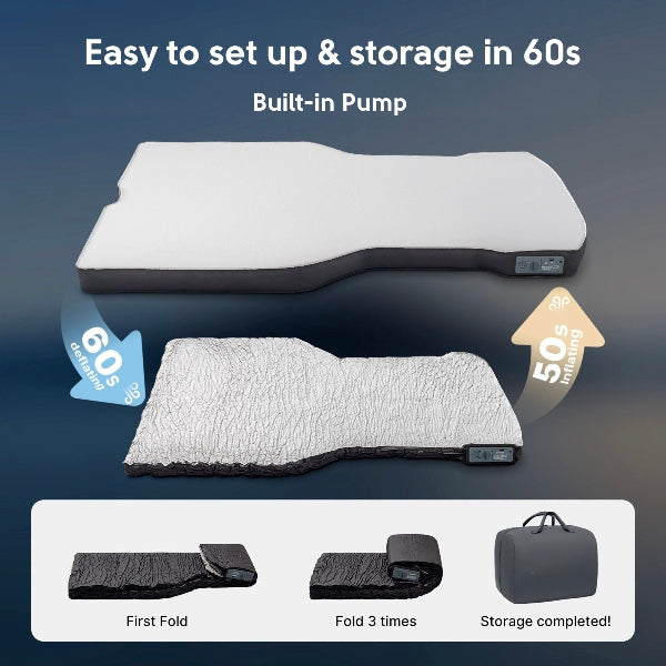 Inflatable mattress with built-in pump, showing ease of setup and storage for the Tesla Juniper.