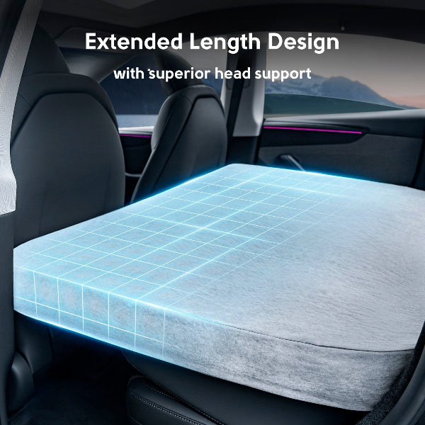 Fiolded down car seat  for the Tesla Model Y Juniper with an extended length mattress design and superior head support feature.