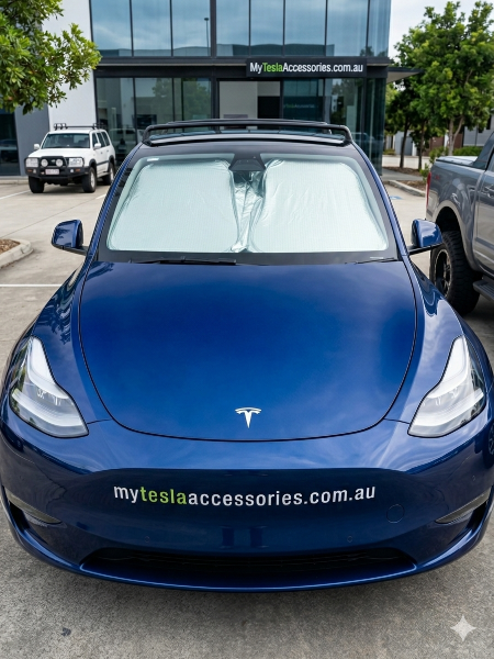 Front windscreen shade for Tesla installed and in use by My Tesla accessories