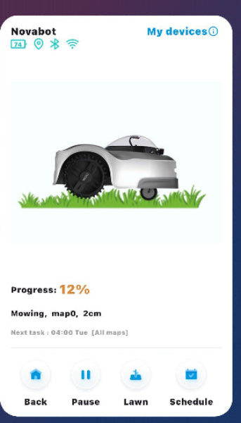 Suntek app interface showing a robot lawn mower on a grassy background