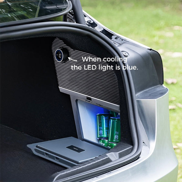 Boot door open with a Highland Model 3  containing drinks, LED light indicating cooling status.