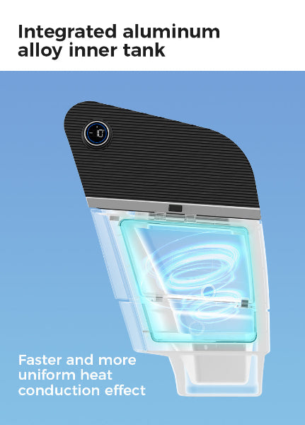 Schematic diagram of a heating element with text about integrated aluminum alloy inner tank and faster heat conduction.