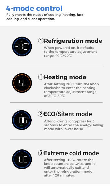 Control panel with temperature adjustment options for refrigeration, heating, eco/silent, and extreme cold modes.
