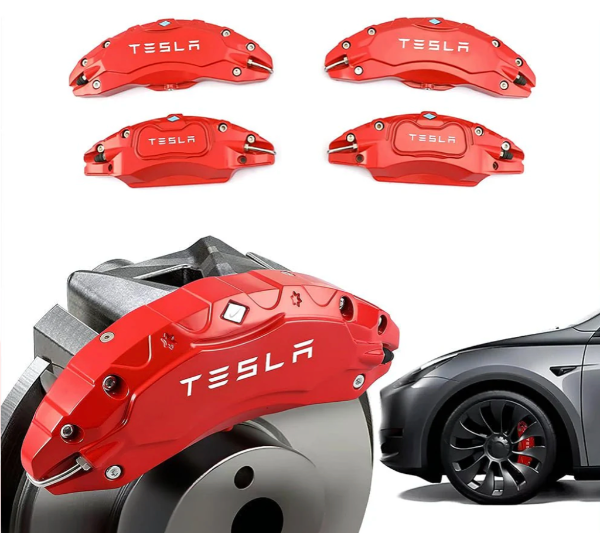 Red Tesla brake calipers on a white background with a car partially visible.