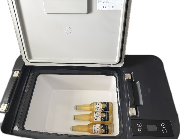 Model Y Fridge for Juniper with beer bottles inside on a white background