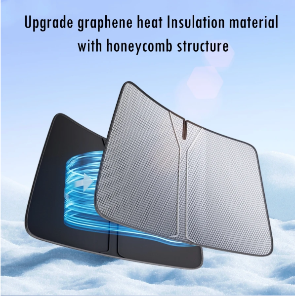 Tesla Front windscreen sunshade sunshade with graphene heat insulation material and honeycomb structure against a snowy background. 