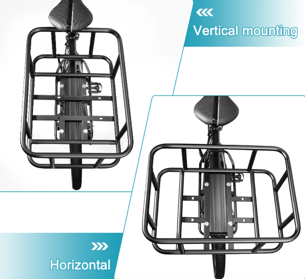 Bicycle with a front and rear rack showing vertical and horizontal mounting options.