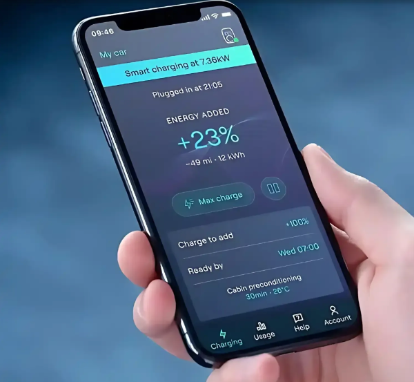 Smartphone displaying a charging app with energy added information on a blurred background