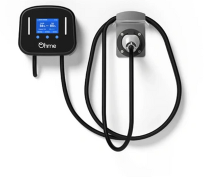 Ohme electric vehicle charging station with cable on a white background.Ohme Home Pro 7kw Electric Vehicle Charger 7 Metre Cord Hanging on Wall. #myteslaaccessoriesau