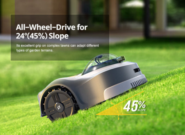Novabot Robotic lawn mower on grass with text about all-wheel-drive and slope adaptation