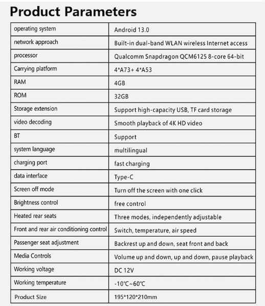 Data Sheet For Tesla 8.8" Rear Entertainment Display, Plug and Play, Interior Accessories, 
