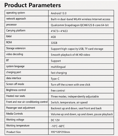 Data Sheet For Tesla 8.8" Rear Entertainment Display, Plug and Play, Interior Accessories, #myteslaaccessories