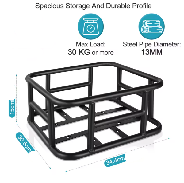 Black metal storage basket for Ebike or bicycles on a white background