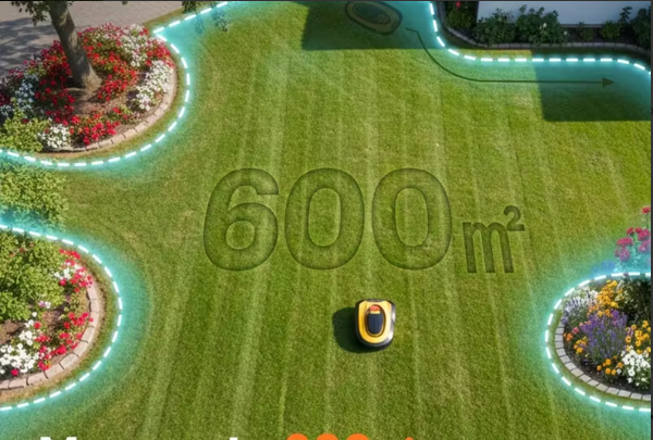 A lawn with a lawnmower and measurement &