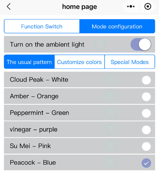 Settings page with color options and mode configuration on a smartphone app for Tesla BSD 