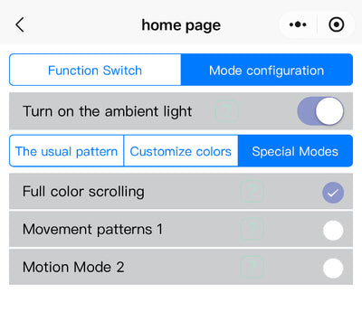 Configuration page with options for function switch, mode configuration, and ambient light settings on a device interface for BSD Tesla #myteslaaccessoriesau